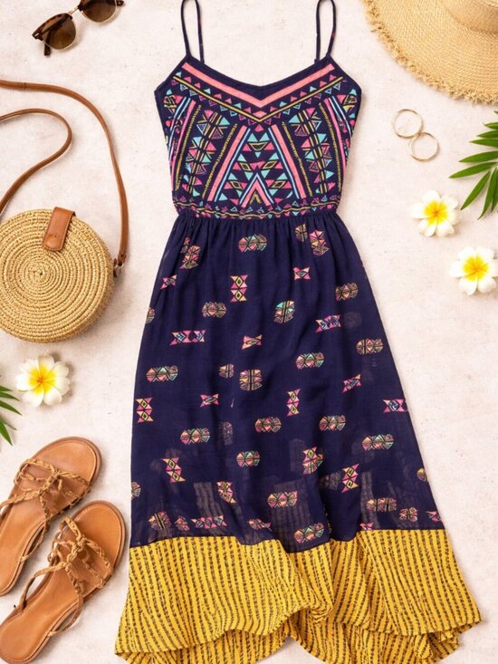 Xhilaration Dresses & Skirts - Xhilaration Boho Midi Dress Geometric Print Strappy Navy Size M